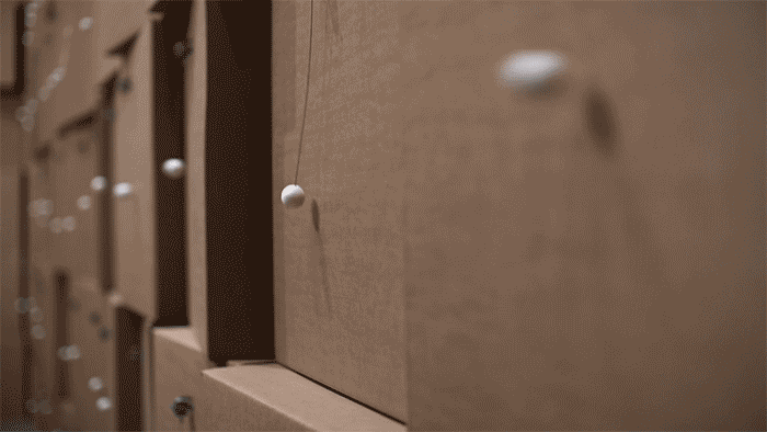 Zimoun (1977–), 658 Prepared DC Motors, Cotton Balls, Cardboard Boxes, 70×70×70, 2017